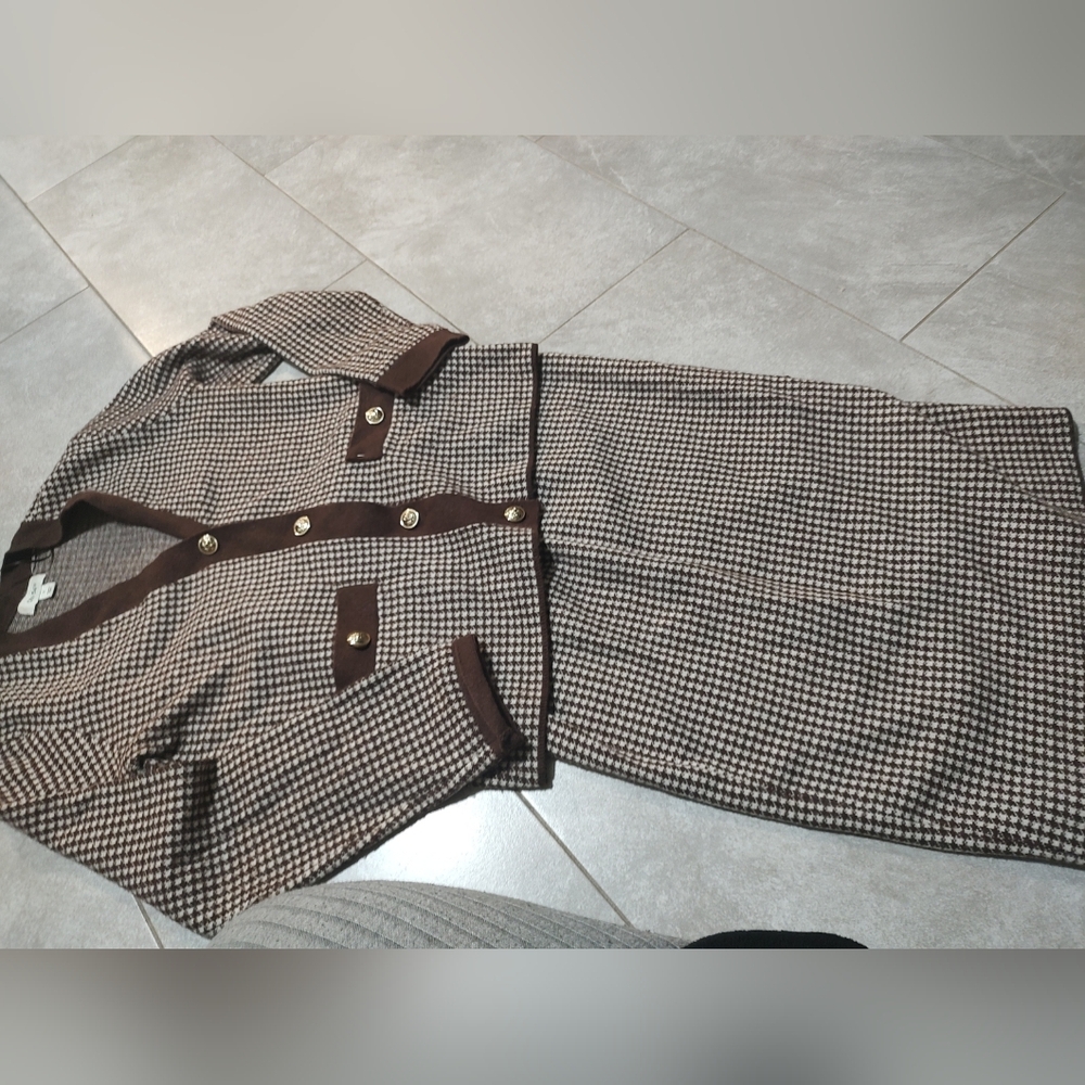 On 34th Brown and Cream Cardigan And Skirt Patterned Garment Size Small